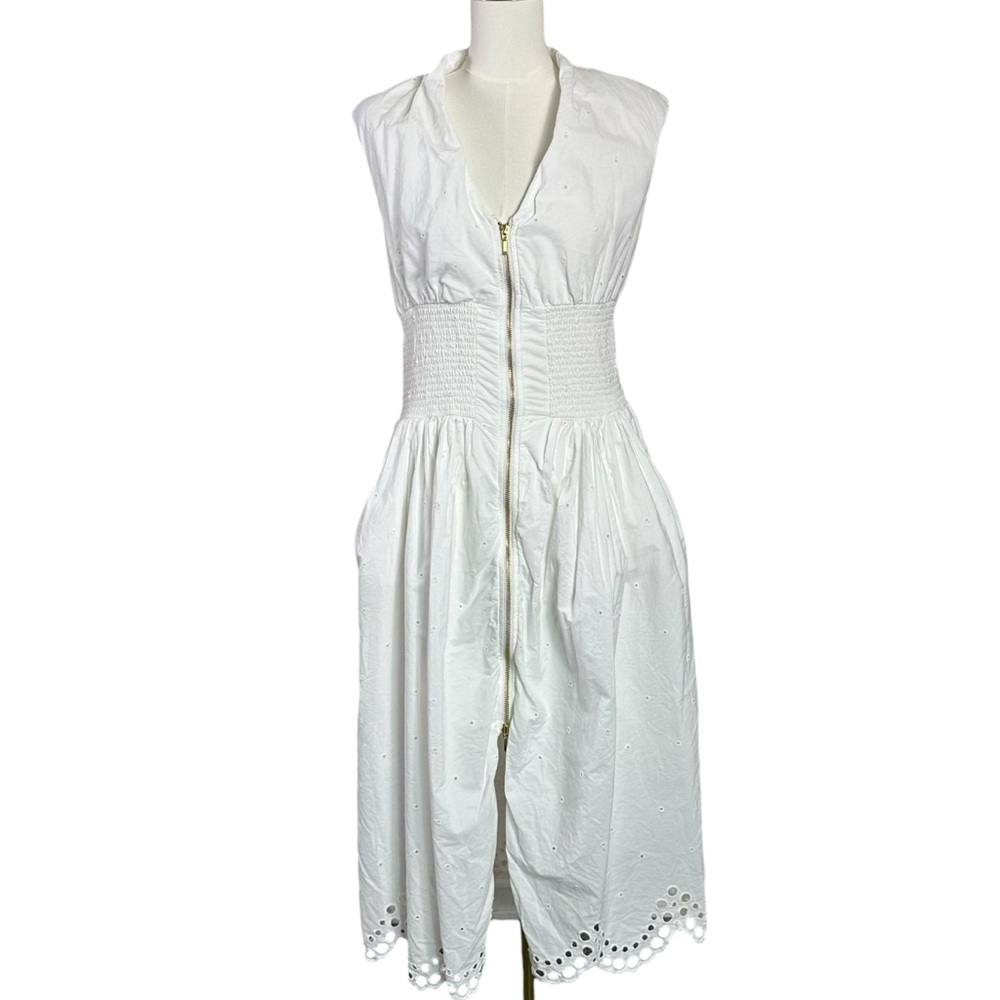 Anthropologie Maeve The Tommie Smocked Shirt Dress Eyelet Trim Zip Front Large - Picture 6 of 11